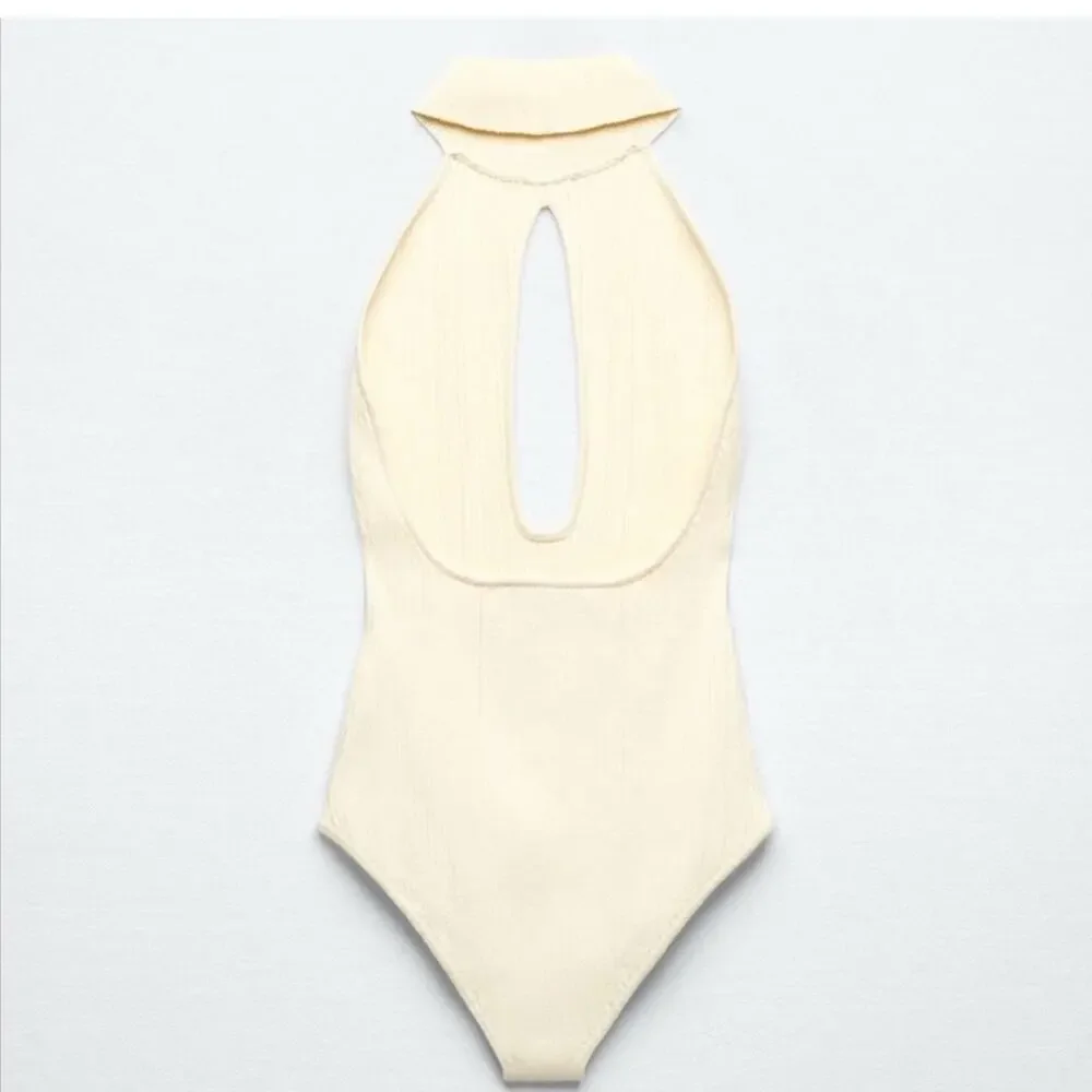 Zara Cream Bodysuit Knit Cut Out Halter Neck Size XL - Picture 7 of 9